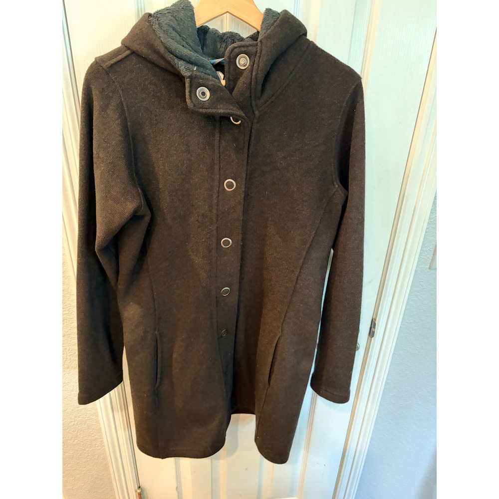 Kuhl Hooded Coat dark gray Fleece Lined Snap Front Longline Jacket Winter Parka